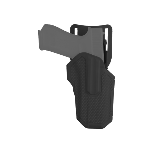 Schwarzes Airsoft-Holster mit montierter Pistole, seitliche Sicht.