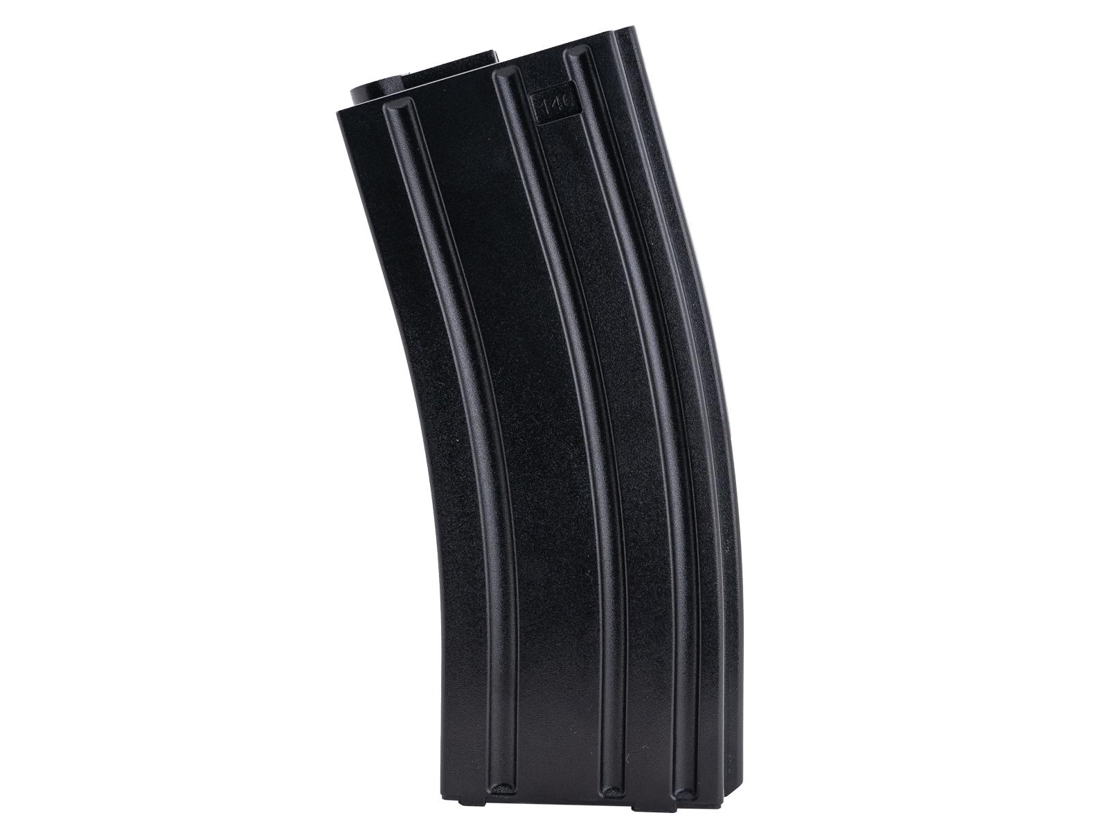 Schwarzes Airsoft-Gewehrmagazin, gebogenes Design, passend für gängige Airsoft-Modelle.