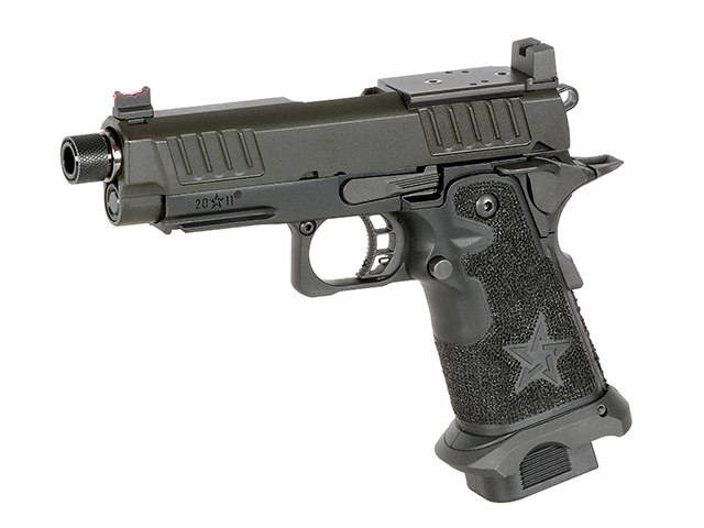 Airsoft-Pistole, taktisches Design, schwarze Texturgriffschalen, Sternemblem, geöffnete Visierung, montierbarer Lauf.