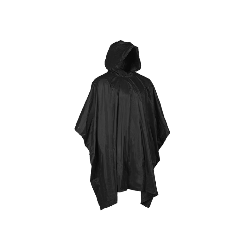 Schwarzer Regenponcho mit Kapuze, für Airsoft und Outdoor-Aktivitäten geeignet.