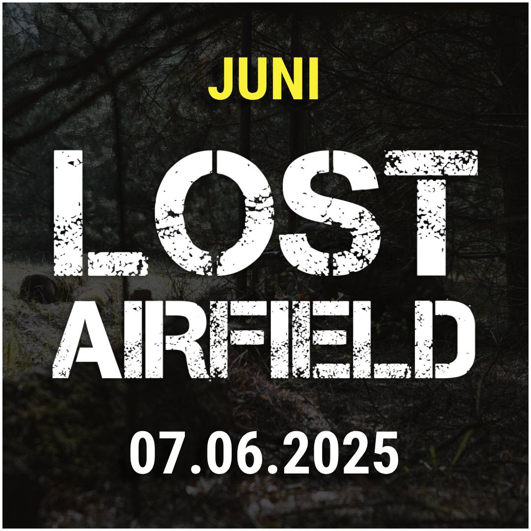 Text "Lost Airfield", Termin: 07.06.2025, Hintergrund: bewaldet.