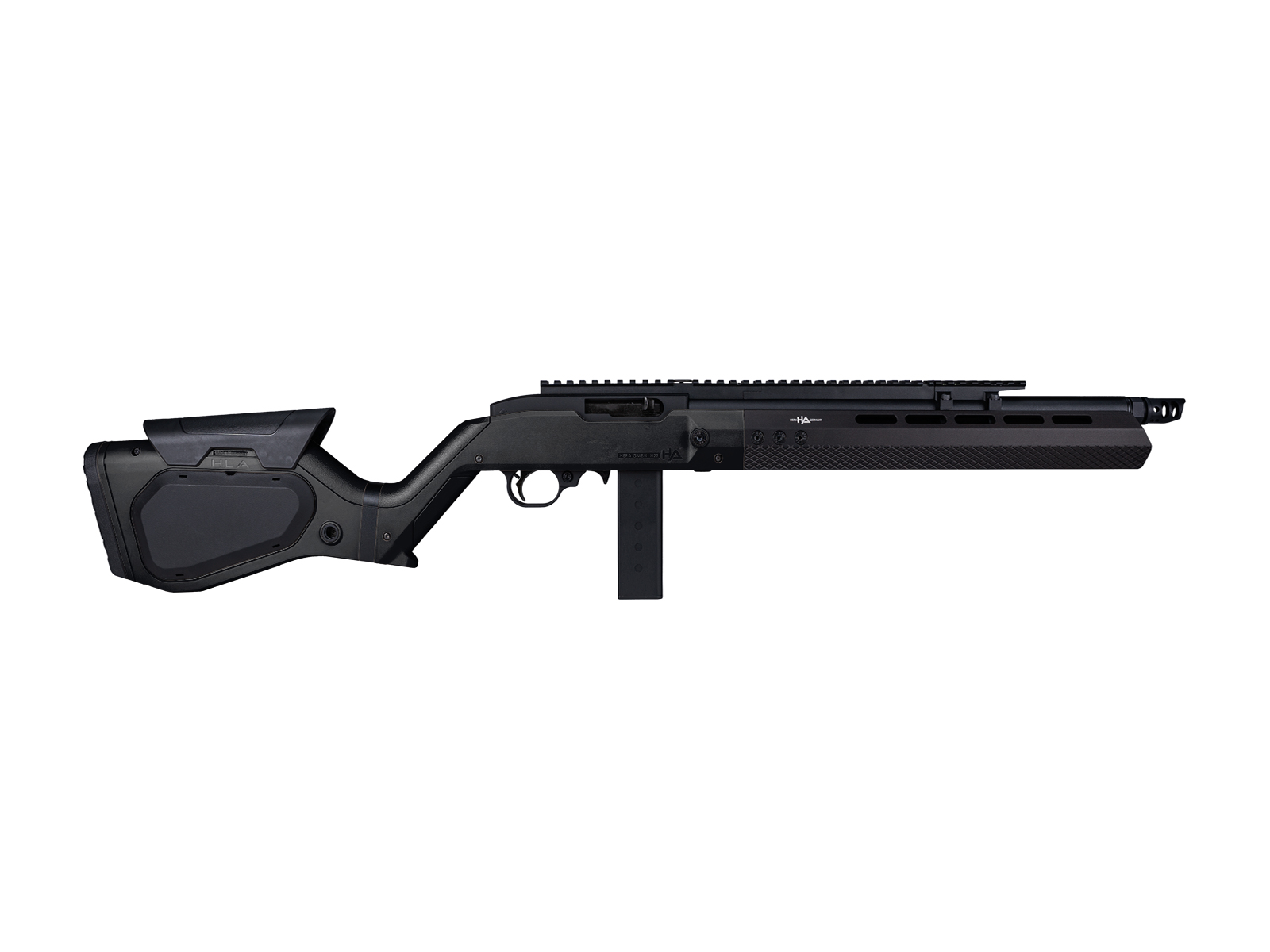 Schwarzes Airsoft-Gewehr mit kurzem Lauf und taktischem Design, Magazin und verstellbarem Schaft.