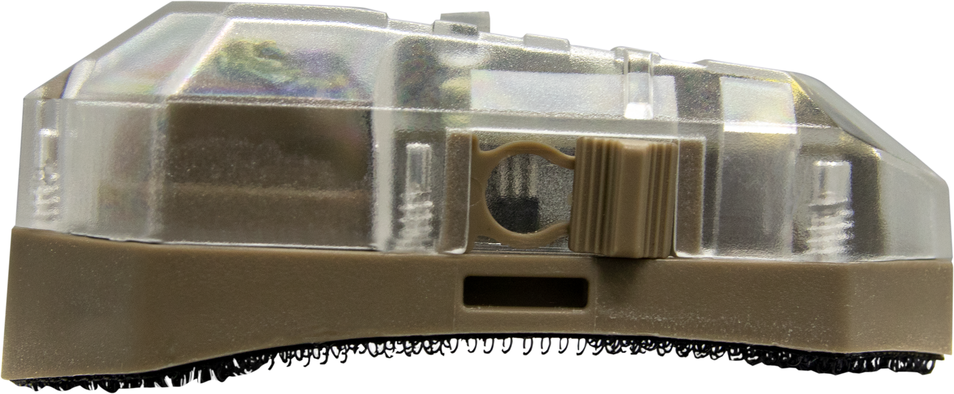 Kompakte, transparente Airsoft-Auslösevorrichtung mit brauner Basis und Clip für Montagen.