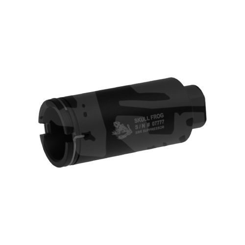 Schalldämpfer für Airsoft-Waffen, schwarz, mit Skull Frog Logo und Seriennummer.