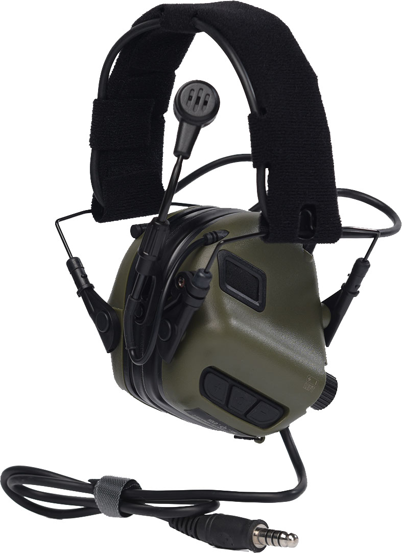 Taktisches Headset mit Mikrofon in Oliv, verstellbar mit Kabel und 3,5mm-Stecker für Airsoft-Einsätze.