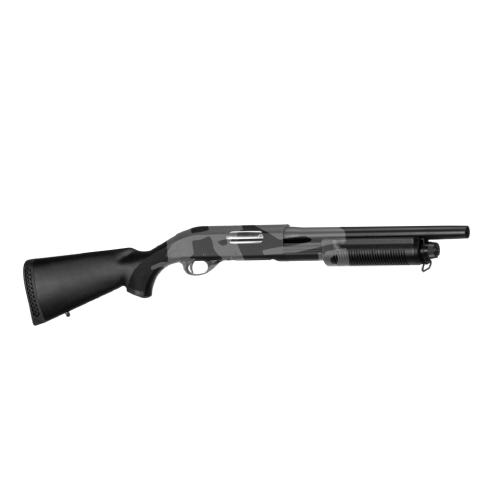 Schwarze Airsoft-Pumpgun mit langem Lauf und ergonomischem Schaft, seitlich abgebildet.