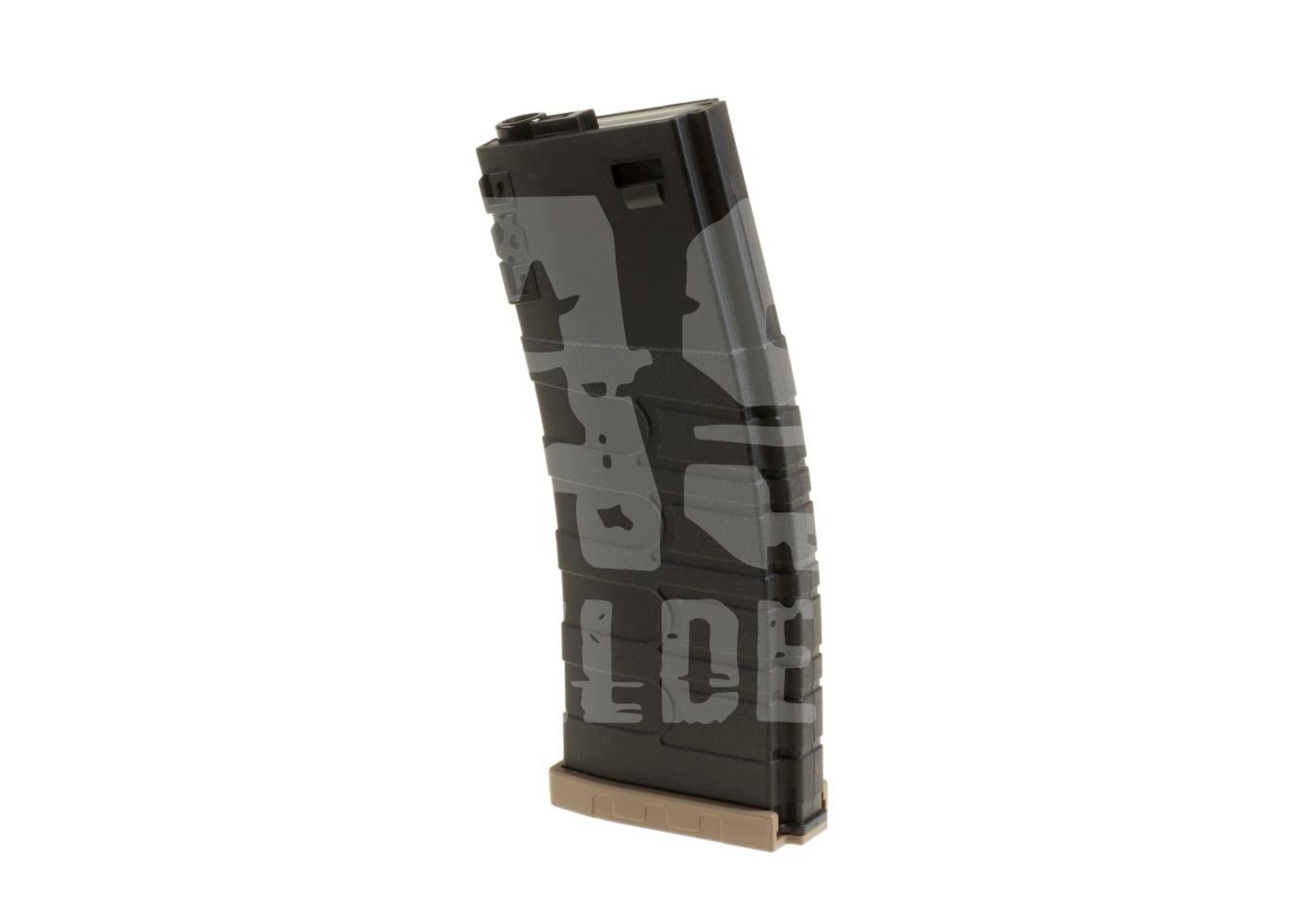 Schwarzes Airsoft-Magazin mit Tarnmuster und beigem Boden.
