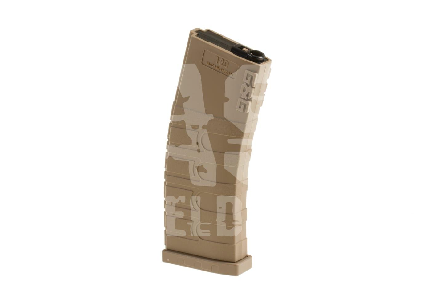 Tanfarbenes Airsoft M4-Magazin mit Camo-Muster, 120 Schuss Kapazität.
