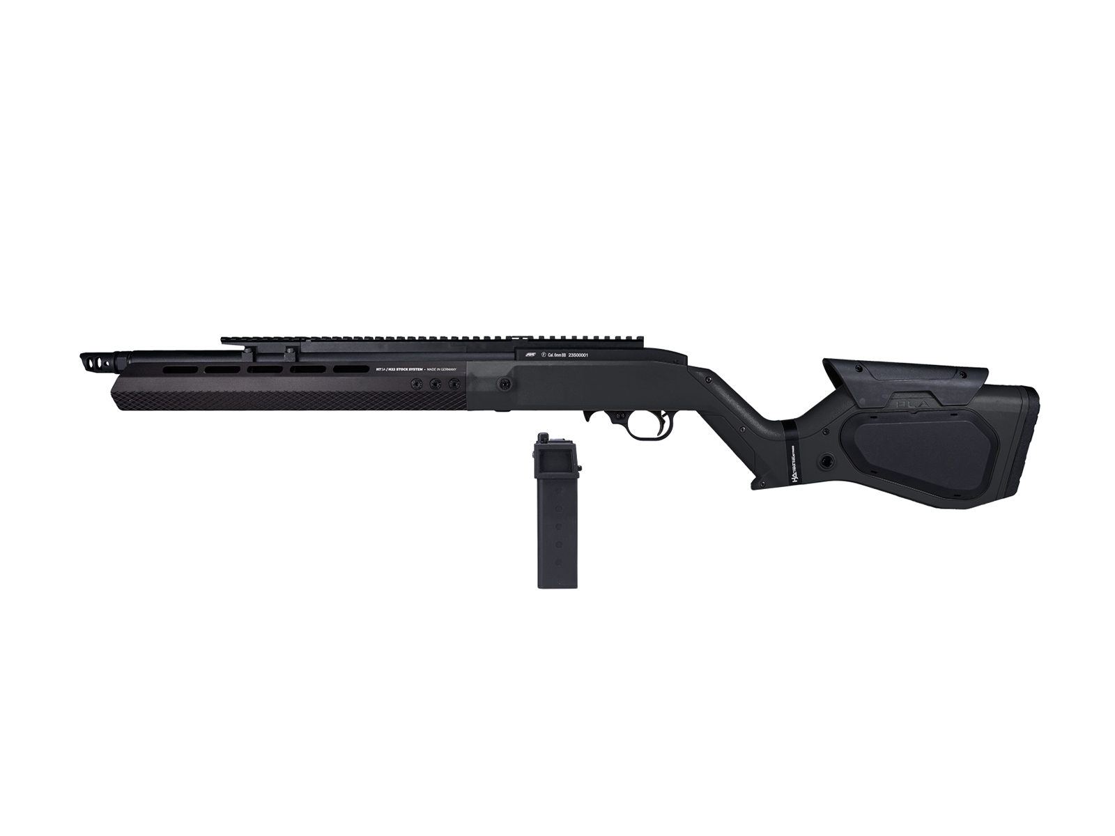 Schwarze Airsoft-Design-Schrotflinte mit taktischem Schaft und Magazin.