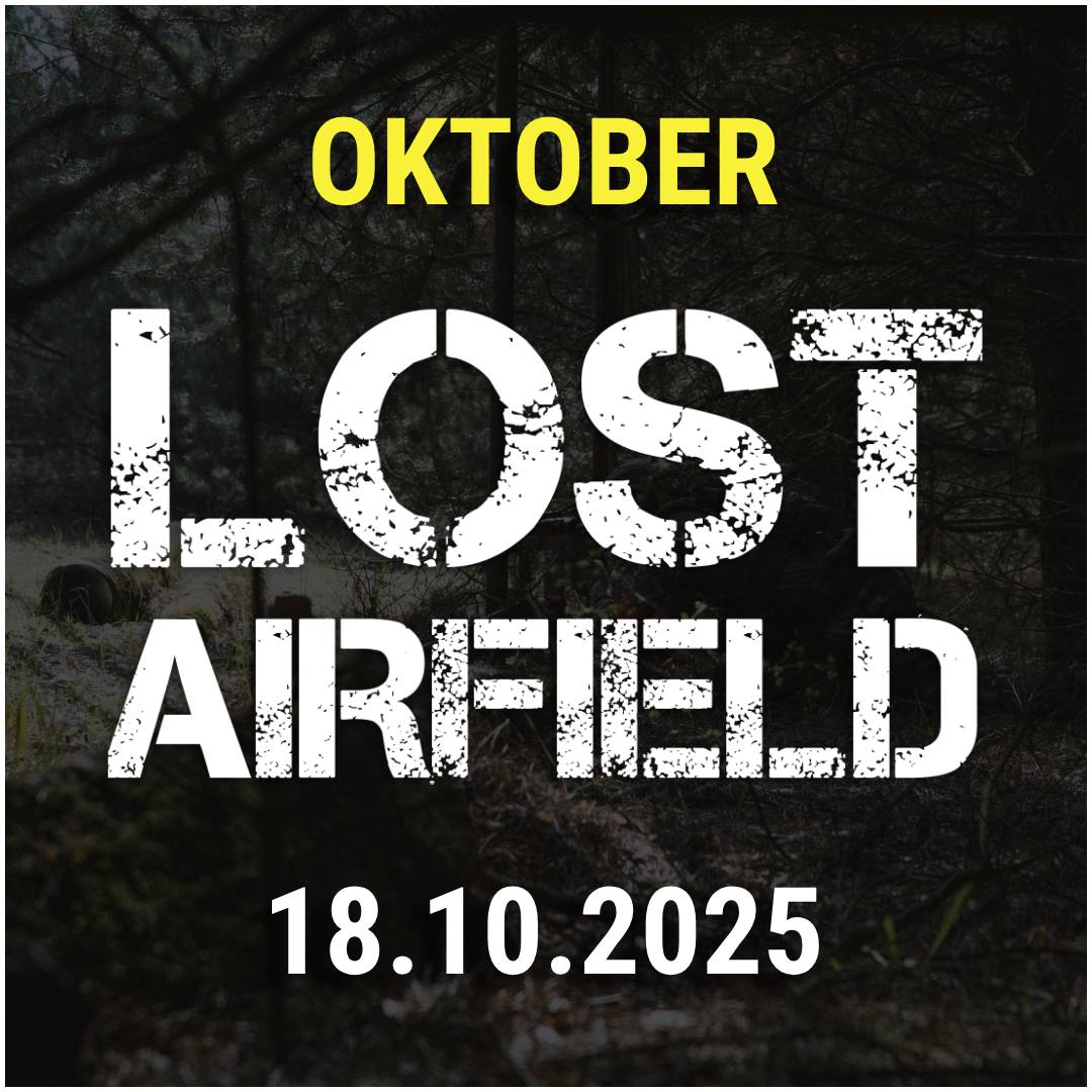 Text "Lost Airfield" über Waldhintergrund, Datum 18.10.2025, Oktober-Event.