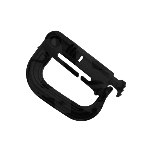 Schwarzer D-Ring-Karabiner, taktisches Zubehör für Airsoft-Ausrüstung.