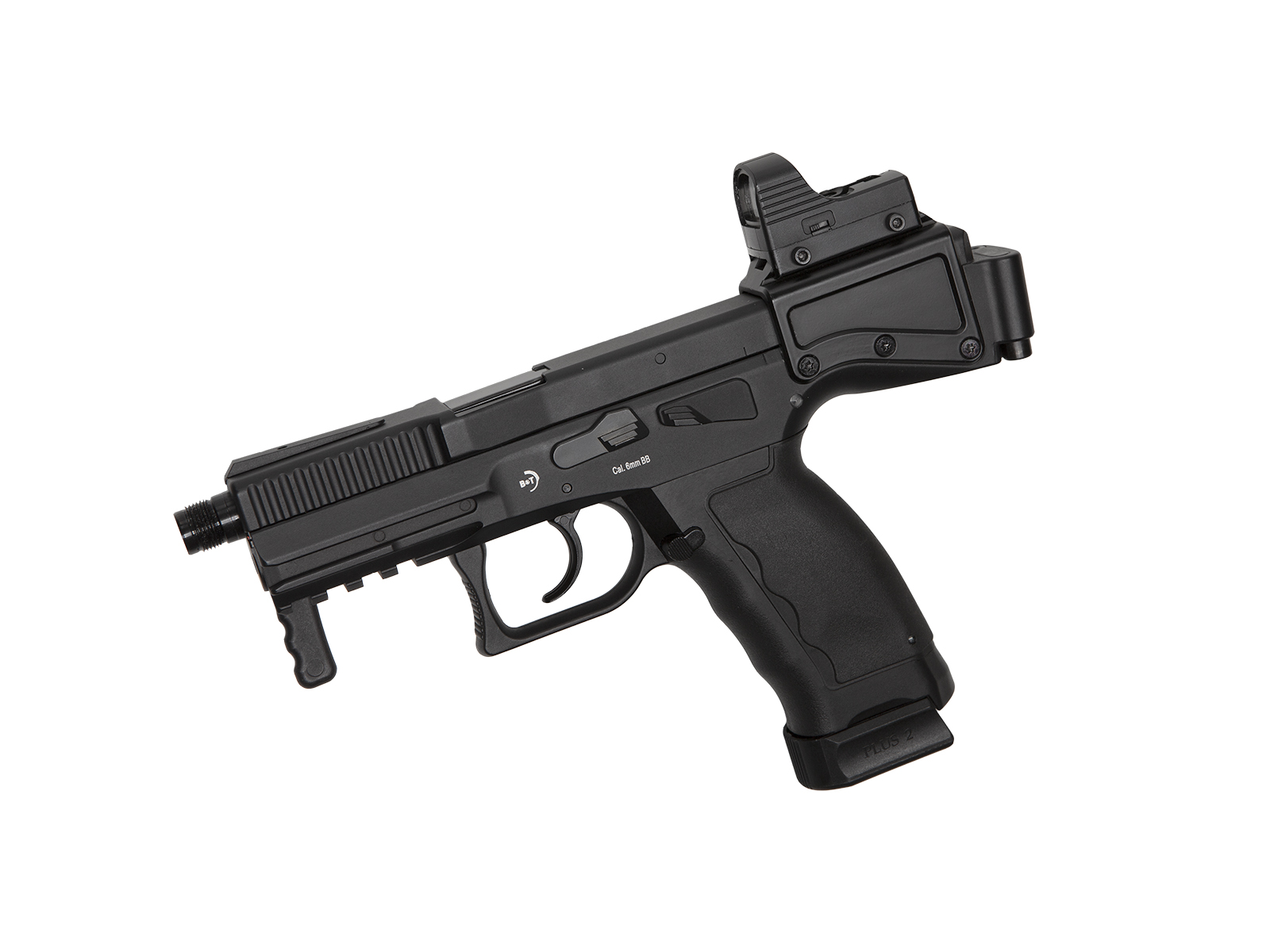 Schwarze Airsoft-Pistole mit Visier, modernem Design und strukturiertem Griff, seitliche Ansicht.