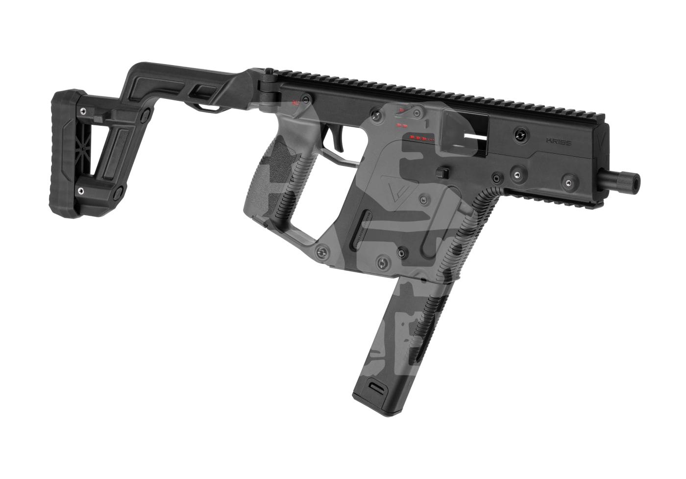 Airsoft SMG-Karabiner mit modernem Design und verstellbarem Schaft in schwarzem Camouflage-Muster.