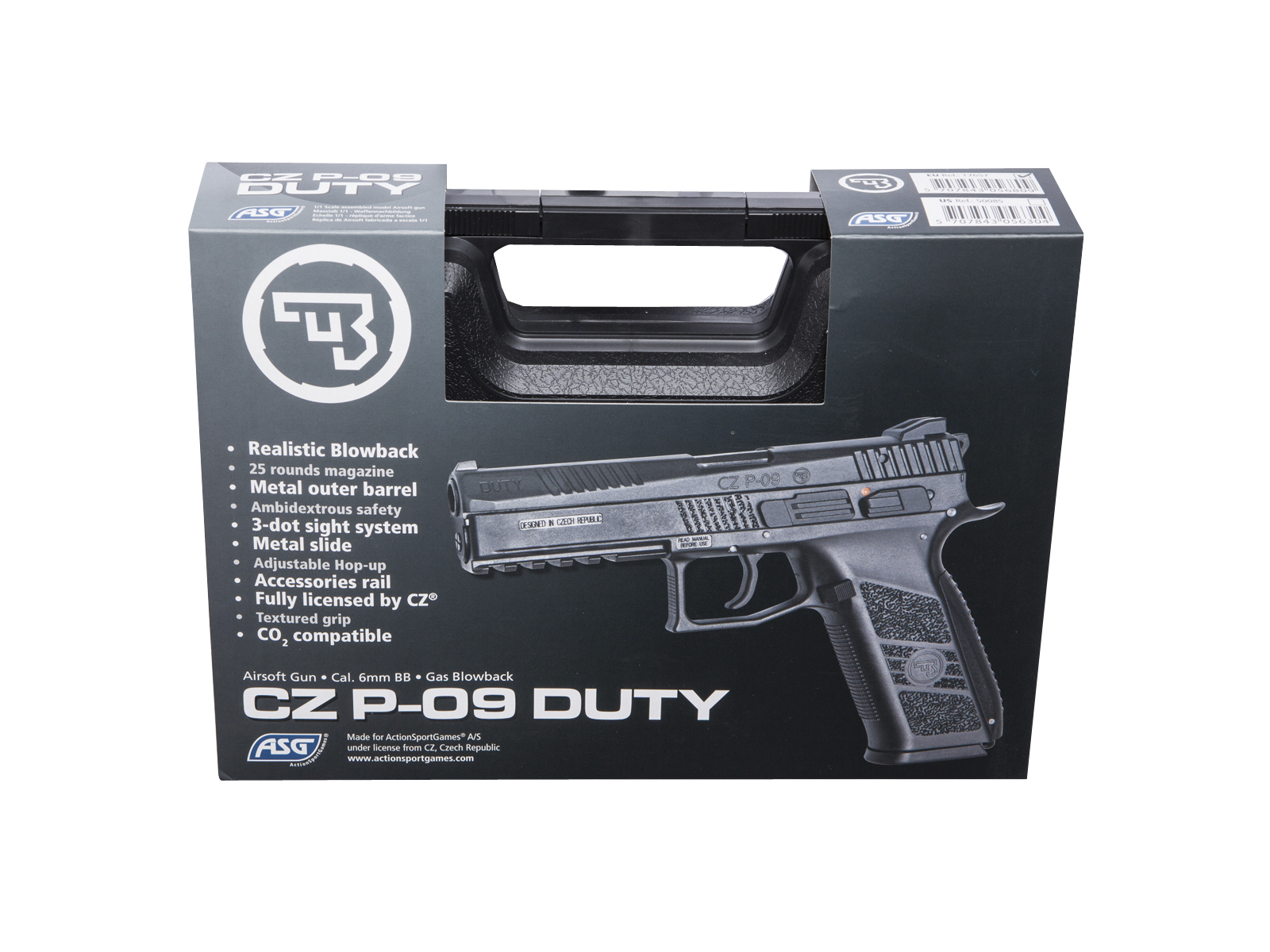 Verpackung der Airsoft-Pistole CZ P-09 Duty, zeigt Details wie Blowback und metallene Außenteile.