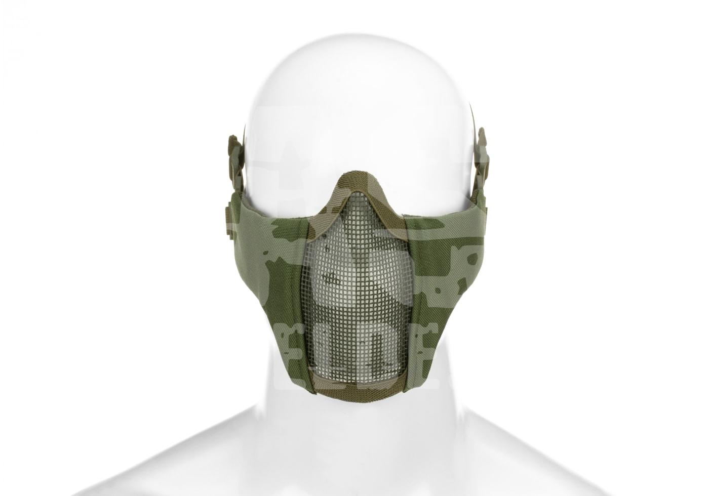 Taktische Airsoft-Gesichtsmaske in Tarnmuster mit Metallgitter, idealer Schutz für Nasen-Mund-Bereich.