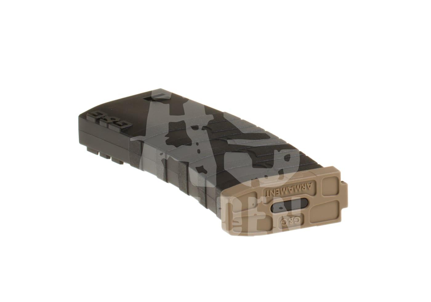 Airsoft-Magazin in Schwarz und Braun mit taktischem Design, angewinkelt liegend.