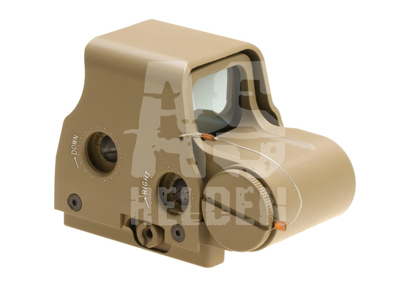 Tanfarbenes Holographic Sight für Airsoft-Waffen, seitliche Bedienelemente.