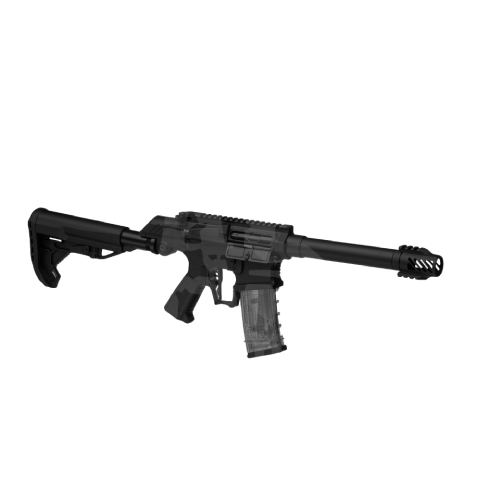Schwarzes Airsoft-Gewehr mit durchsichtigem Magazin, taktischem Schaft und langem Lauf.