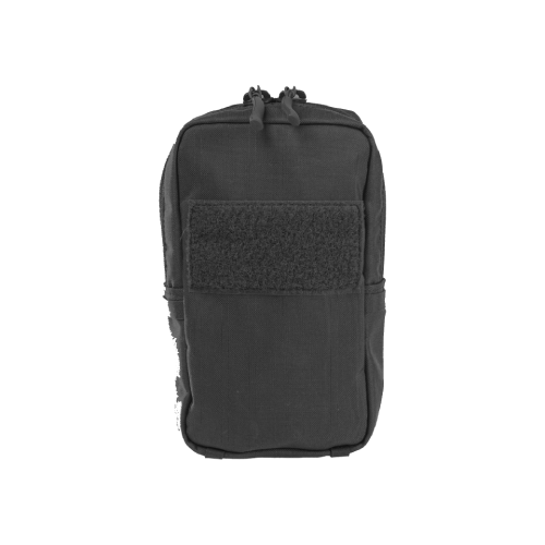 Schwarze Airsoft-Tasche mit Klettfläche, Reißverschluss, kompakt und praktisch für Zubehör.