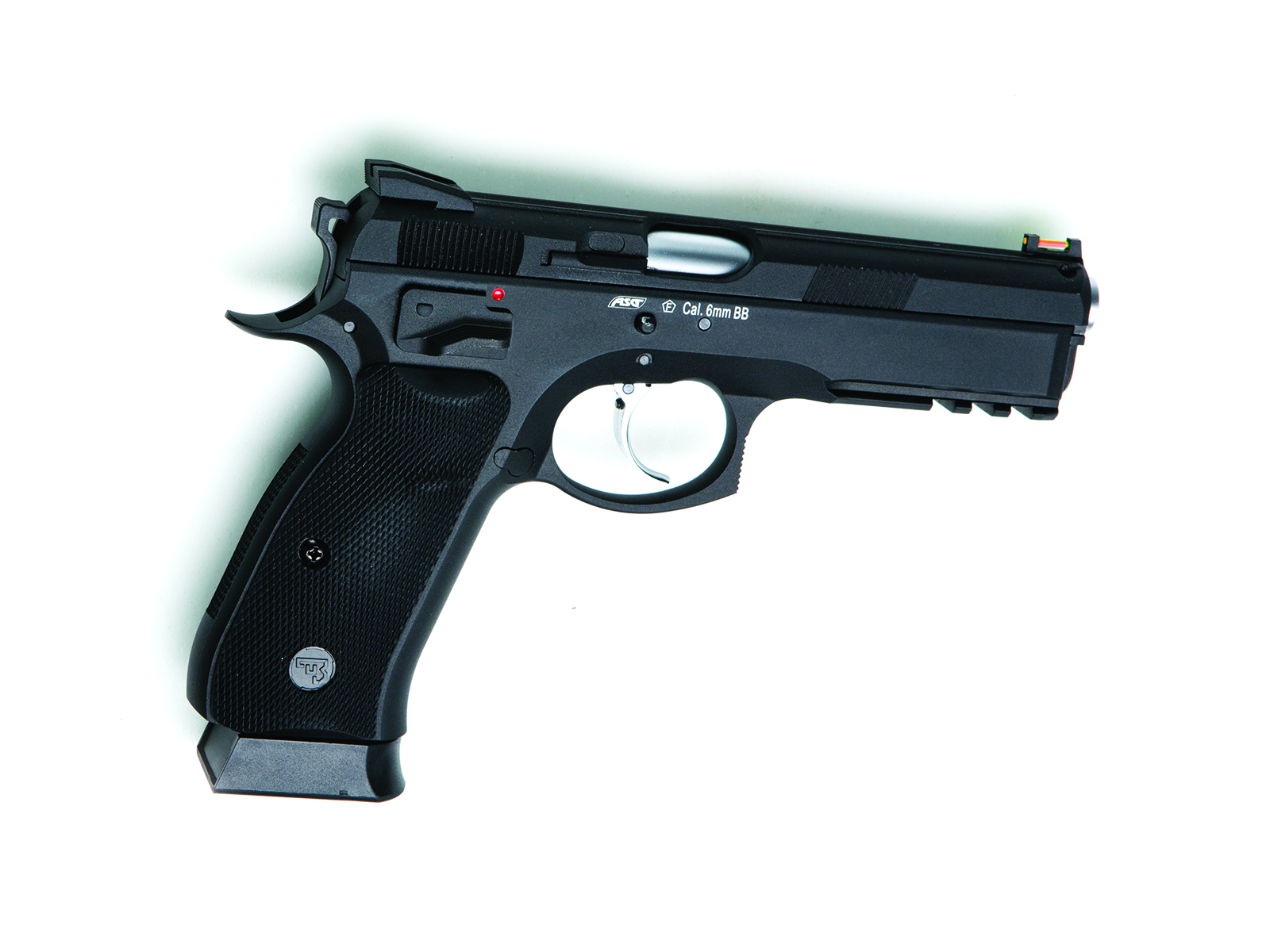 Schwarze Airsoft-Pistole, Kaliber 6 mm BB, mit ergonomischem Griff und taktischer Schiene.
