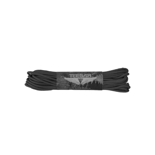 Schwarzes Paracord von Teesar, kompakt gebündelt, geeignet für Airsoft- und Outdoor-Aktivitäten.
